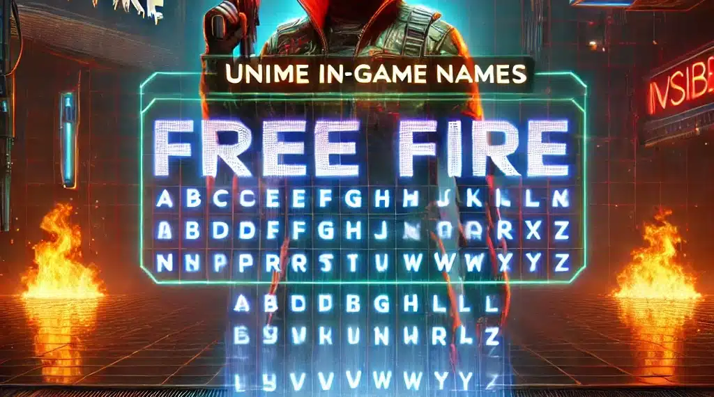 Un diseño futurista con un personaje de Free Fire equipado con casco y arma, de pie frente a un tablero digital iluminado con letras. El texto principal dice "Free Fire" en un estilo brillante y moderno.