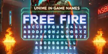 Un diseño futurista con un personaje de Free Fire equipado con casco y arma, de pie frente a un tablero digital iluminado con letras. El texto principal dice "Free Fire" en un estilo brillante y moderno.