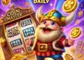 Un vikingo sonriente de Coin Master celebrando junto a una máquina tragamonedas que muestra "Free Spins". Rodeado de monedas doradas y cofres del tesoro, el fondo brilla con colores vibrantes, destacando cómo conseguir tiradas gratis todos los días en Coin Master.