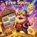 Un vikingo sonriente de Coin Master celebrando junto a una máquina tragamonedas que muestra "Free Spins". Rodeado de monedas doradas y cofres del tesoro, el fondo brilla con colores vibrantes, destacando cómo conseguir tiradas gratis todos los días en Coin Master.