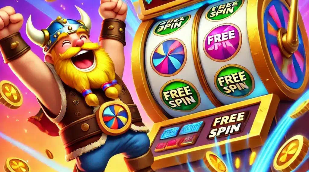 Un vikingo alegre celebrando frente a una máquina tragamonedas con el texto "Free Spin", rodeado de monedas doradas, cofres del tesoro, y colores vibrantes. Una escena emocionante que representa cómo conseguir tiradas gratis en Coin Master para maximizar las recompensas del juego.