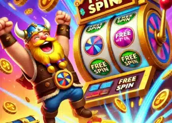 Un vikingo alegre celebrando frente a una máquina tragamonedas con el texto "Free Spin", rodeado de monedas doradas, cofres del tesoro, y colores vibrantes. Una escena emocionante que representa cómo conseguir tiradas gratis en Coin Master para maximizar las recompensas del juego.