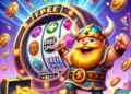 Ilustración de Coin Master con un vikingo alegre celebrando frente a una máquina tragamonedas que muestra "Free Spins". A su alrededor, monedas doradas y cofres del tesoro resaltan la emoción de conseguir tiradas gratis todos los días.