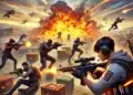 Imagen épica de batalla en Free Fire con soldados armados, explosiones intensas y drones en el cielo. Acción extrema en un campo de guerra moderno.