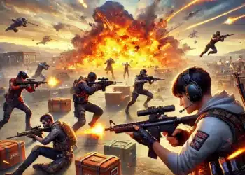 Imagen épica de batalla en Free Fire con soldados armados, explosiones intensas y drones en el cielo. Acción extrema en un campo de guerra moderno.
