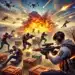 Imagen épica de batalla en Free Fire con soldados armados, explosiones intensas y drones en el cielo. Acción extrema en un campo de guerra moderno.