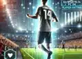 Imagen de un joven jugador de fútbol con el dorsal número 14 en un estadio lleno de luces y una multitud animada. Elementos digitales futuristas destacan estadísticas y potencial de crecimiento, representando a las jóvenes promesas y futuras estrellas del fútbol en EA Sports FC 24.