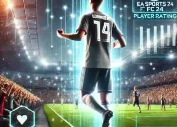 Imagen de un joven jugador de fútbol con el dorsal número 14 en un estadio lleno de luces y una multitud animada. Elementos digitales futuristas destacan estadísticas y potencial de crecimiento, representando a las jóvenes promesas y futuras estrellas del fútbol en EA Sports FC 24.