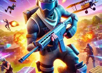 Un personaje futurista en Fortnite armado y en acción, rodeado de explosiones, paracaidistas, y aviones en un campo de batalla lleno de colores vibrantes. Una escena emocionante y dinámica, ideal para inspirar nombres creativos y únicos para usar como nick en Fortnite.