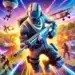 Un personaje futurista en Fortnite armado y en acción, rodeado de explosiones, paracaidistas, y aviones en un campo de batalla lleno de colores vibrantes. Una escena emocionante y dinámica, ideal para inspirar nombres creativos y únicos para usar como nick en Fortnite.