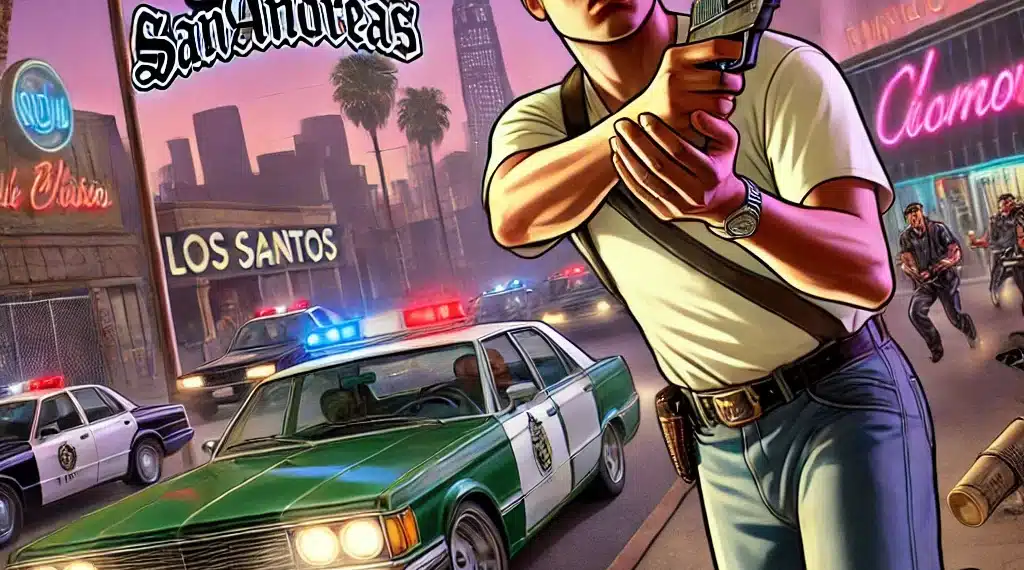 Ilustración de Grand Theft Auto: San Andreas mostrando al personaje principal corriendo con una pistola en mano. En el fondo, patrullas de policía con luces encendidas, un helicóptero y la ciudad de Los Santos con rótulos de neón. Escena llena de acción, ideal para explorar trucos y consejos del juego en Xbox 360.