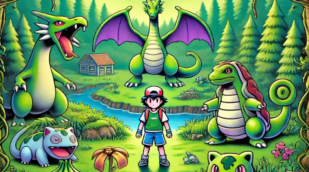 Ilustración de un entrenador Pokémon en un paisaje natural rodeado de criaturas icónicas de Pokémon Esmeralda, incluyendo dragones y plantas. El entorno destaca un río, árboles, y una cabaña en el fondo, representando la exploración, captura de Pokémon, y obtención de ítems.