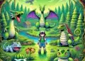 Ilustración de un entrenador Pokémon en un paisaje natural rodeado de criaturas icónicas de Pokémon Esmeralda, incluyendo dragones y plantas. El entorno destaca un río, árboles, y una cabaña en el fondo, representando la exploración, captura de Pokémon, y obtención de ítems.