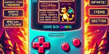 Una Game Boy retro con la pantalla mostrando a Charizard y un menú de trucos y códigos para Pokémon Rojo Fuego. Alrededor, un diseño vibrante con llamas y árboles estilizados, destacando opciones como criaturas desbloqueadas, ítems infinitos y ubicaciones especiales.