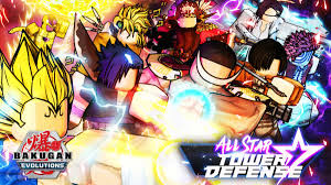Roblox All Star Tower Defense characters in action-packed poses with glowing energy effects, featuring anime-inspired heroes and vibrant background lighting.
