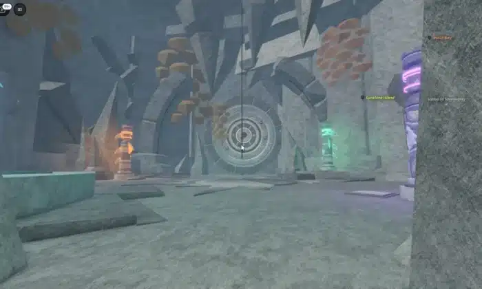 A mystical chamber in Roblox’s Fisch game featuring a massive stone vault door at the center, surrounded by glowing elemental totems in orange, green, and purple hues. The cave-like environment has sharp rock formations and floating crystal-like structures.