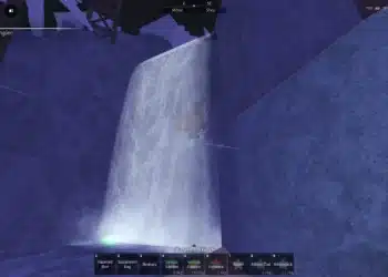 A view of a glowing waterfall cascading down a rocky cliff in the Ancient Isle area of Roblox’s Fisch game, with a faint green light at the bottom and a wooden platform partially hidden behind the water. The player's fishing interface is visible, showing caught fish and in-game statistics.