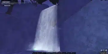 A view of a glowing waterfall cascading down a rocky cliff in the Ancient Isle area of Roblox’s Fisch game, with a faint green light at the bottom and a wooden platform partially hidden behind the water. The player's fishing interface is visible, showing caught fish and in-game statistics.