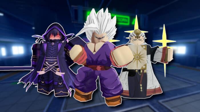 Three Roblox-style characters from Anime Reborn Tier-List, each with distinct outfits and powers, standing in a futuristic blue-lit environment.