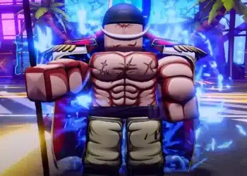 Roblox character from Anime Reborn Tier-List with a muscular build, glowing blue aura, and detailed outfit, standing in a neon-lit urban environment.