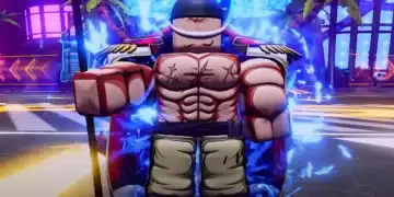Roblox character from Anime Reborn Tier-List with a muscular build, glowing blue aura, and detailed outfit, standing in a neon-lit urban environment.