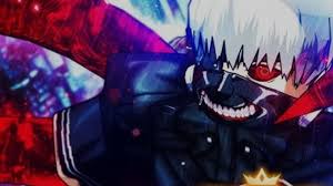 Anime Royale Tier-List character with white hair, red eye, and black mask in a dark outfit, striking a dynamic pose with a glowing red aura in Roblox style.