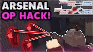 A Roblox Arsenal gameplay scene shows an "OP HACK" with red enemy highlights and aimlines, indicating the use of an aimbot or ESP script for unfair targeting.