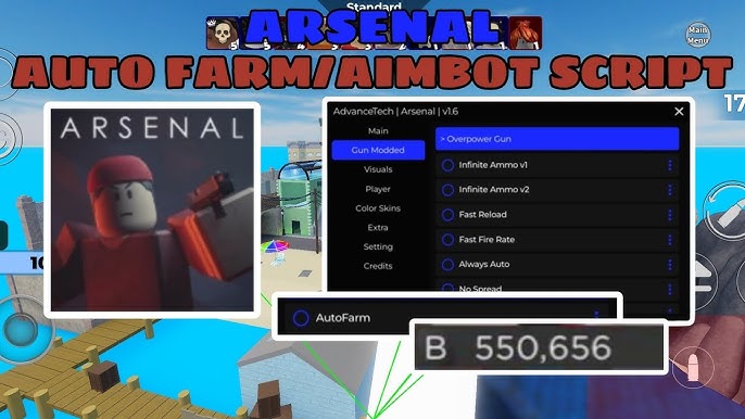 A Roblox Arsenal script interface titled “AdvanceTech” displays options like AutoFarm, Aimbot, and Gun Modded features such as Infinite Ammo and Fast Reload, promoting cheats.