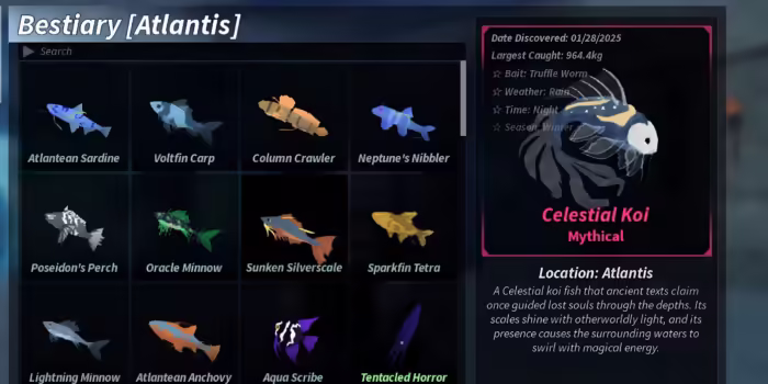 Bestiary screen from Roblox "Fisch" showing Atlantis fish, highlighting the mythical Celestial Koi with glowing fins and magical lore.