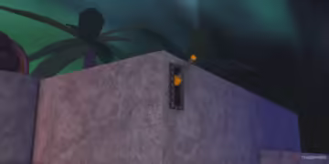 Lever on a stone wall in a tropical setting at night with palm trees and northern lights, from Roblox game "Fisch" showing Atlantis location.