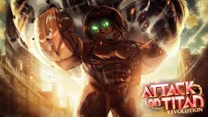 Roblox Attack on Titan Revolution promotional image featuring a glowing-eyed Titan bursting through a city wall with the game’s fiery logo in the bottom right.