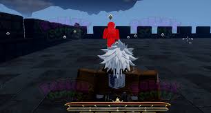 Roblox Attack on Titan Revolution gameplay showing a player with white hair aiming at a red target dummy on a rooftop, with combat HUD and castle walls visible.