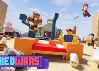 ChatGPT said: A chaotic battle unfolds in Roblox BedWars as players fight near a red bed on a sandy island map; the BedWars logo appears in the corner of the vibrant scene.