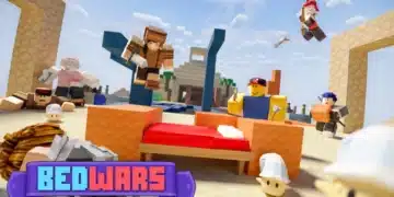 ChatGPT said: A chaotic battle unfolds in Roblox BedWars as players fight near a red bed on a sandy island map; the BedWars logo appears in the corner of the vibrant scene.