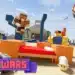 ChatGPT said: A chaotic battle unfolds in Roblox BedWars as players fight near a red bed on a sandy island map; the BedWars logo appears in the corner of the vibrant scene.