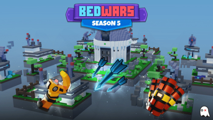 The BedWars Season 5 splash screen in Roblox features floating islands, a central tower, and powerful gear like gauntlets and arrows, hinting at new combat updates.