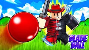 Roblox Blade Ball character in a red cowboy outfit deflects a red ball with a sword in a bright grassy field, with the Blade Ball logo in the bottom corner.