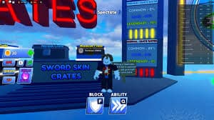 Roblox Blade Ball scene showing a player near the Sword Skin Crates booth, with crate rarity chances, currency, and action buttons for block and ability visible.