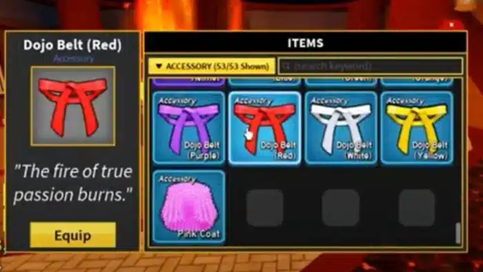  Blox Fruits accessory menu showing Dojo Belts in purple, red, white, and yellow, with the red belt highlighted and labeled "The fire of true passion burns."