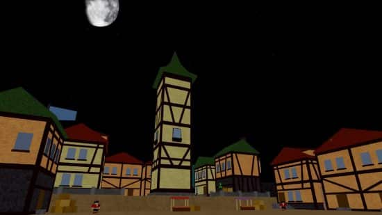 A medieval-style town in Blox Fruits at night, lit by the moon, with timber-framed buildings and a central tower surrounded by crates and NPCs.