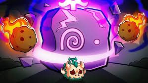 Stylized illustration of a glowing purple Moonstone in Blox Fruits, surrounded by meteors and energy with a skull-themed icon at the base.