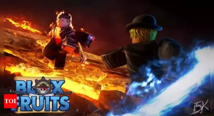Two characters from Blox Fruits face off in a fiery and icy battle scene, with lava and energy effects surrounding them, and the game logo at the bottom.