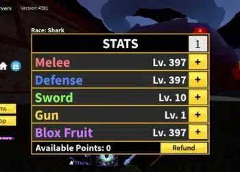 Blox Fruits stats screen showing a Shark race character at level 400 with high Melee, Defense, and Blox Fruit stats, and 0 available points to assign.