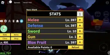 Blox Fruits stats screen showing a Shark race character at level 400 with high Melee, Defense, and Blox Fruit stats, and 0 available points to assign.