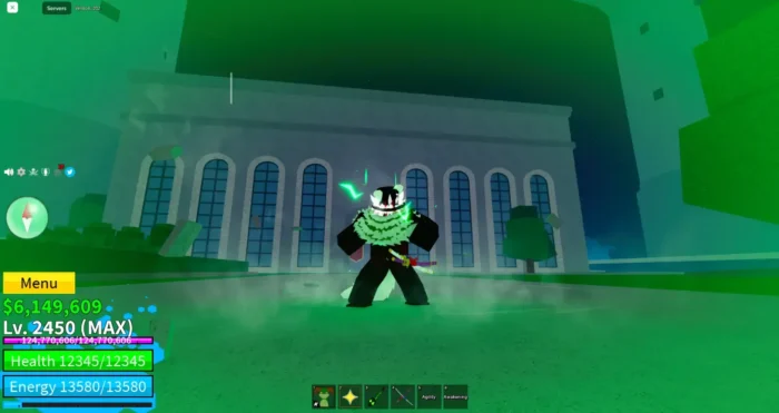 A powerful player character stands in Blox Fruits glowing with green aura effects, in front of a large building with arched windows. The interface shows a max-level player (Lv. 2450) with full health and energy, and equipped special abilities and swords in the hotbar.