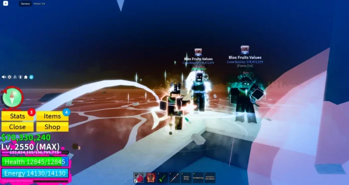 Three glowing characters with aura effects stand on a platform in Blox Fruits, displaying high stats and crew bounty in a vibrant, nighttime Roblox scene.