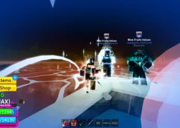 Three powerful avatars stand glowing with elemental energy effects in Blox Fruits, a Roblox game. The HUD displays a max level (Lv. 2550) player with high health and energy, while crew names and bounties indicate competitive PvP value.