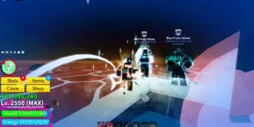 Three powerful avatars stand glowing with elemental energy effects in Blox Fruits, a Roblox game. The HUD displays a max level (Lv. 2550) player with high health and energy, while crew names and bounties indicate competitive PvP value.