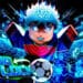 Roblox-style character with blue hair in a dynamic soccer pose, surrounded by electric blue effects. "Blue Lock Rivals" logo and soccer ball visible.