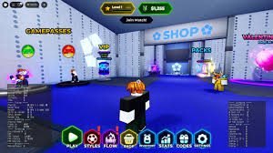 Roblox avatar in a futuristic shop lobby with glowing icons for styles, flow, inventory, and more. "Blue Lock Rivals" UI and gamepasses are visible.